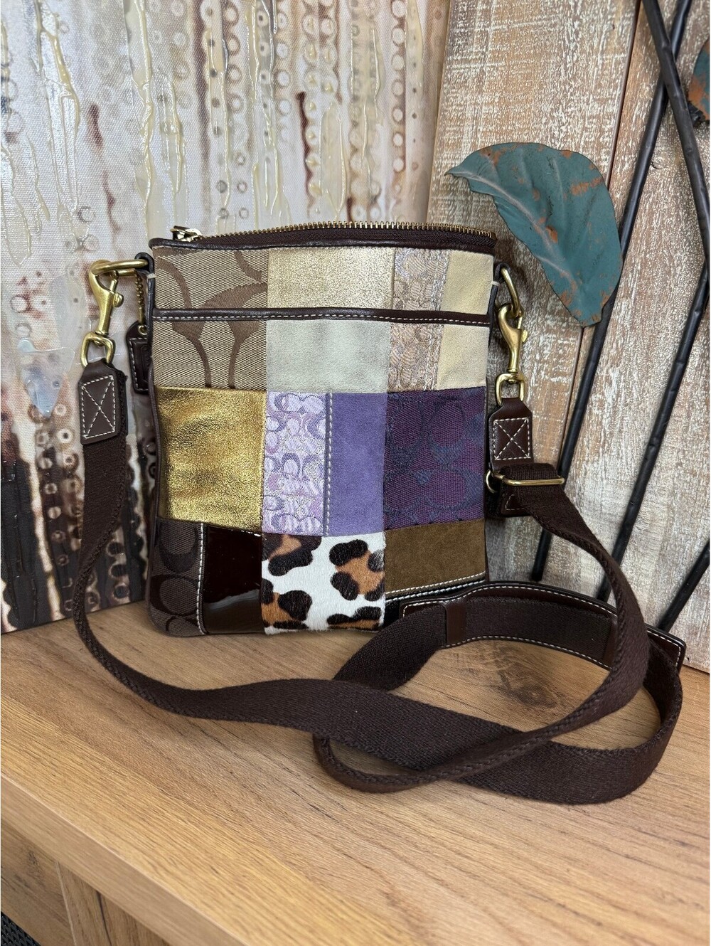 Coach Patchwork Crossbody Bag Signature Suede Leopard Metallic